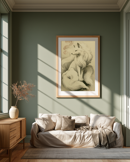 Sumi-e style ink print of a white nine-tailed fox seated with a pale rose-toned foxfire flame drifting nearby, black ink on cream paper, framed in oak on a sage-green living room wall above a low linen sofa, Yugen Print