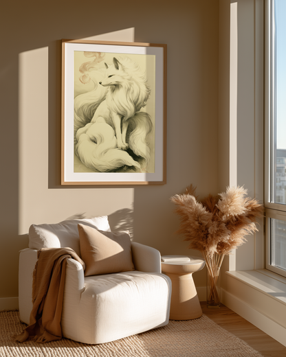 Sumi-e style ink print of a white nine-tailed fox seated with a pale rose-toned foxfire flame drifting nearby, black ink on cream paper, framed in oak in a sunlit reading nook beside a boucle chair and pampas, Yugen Print
