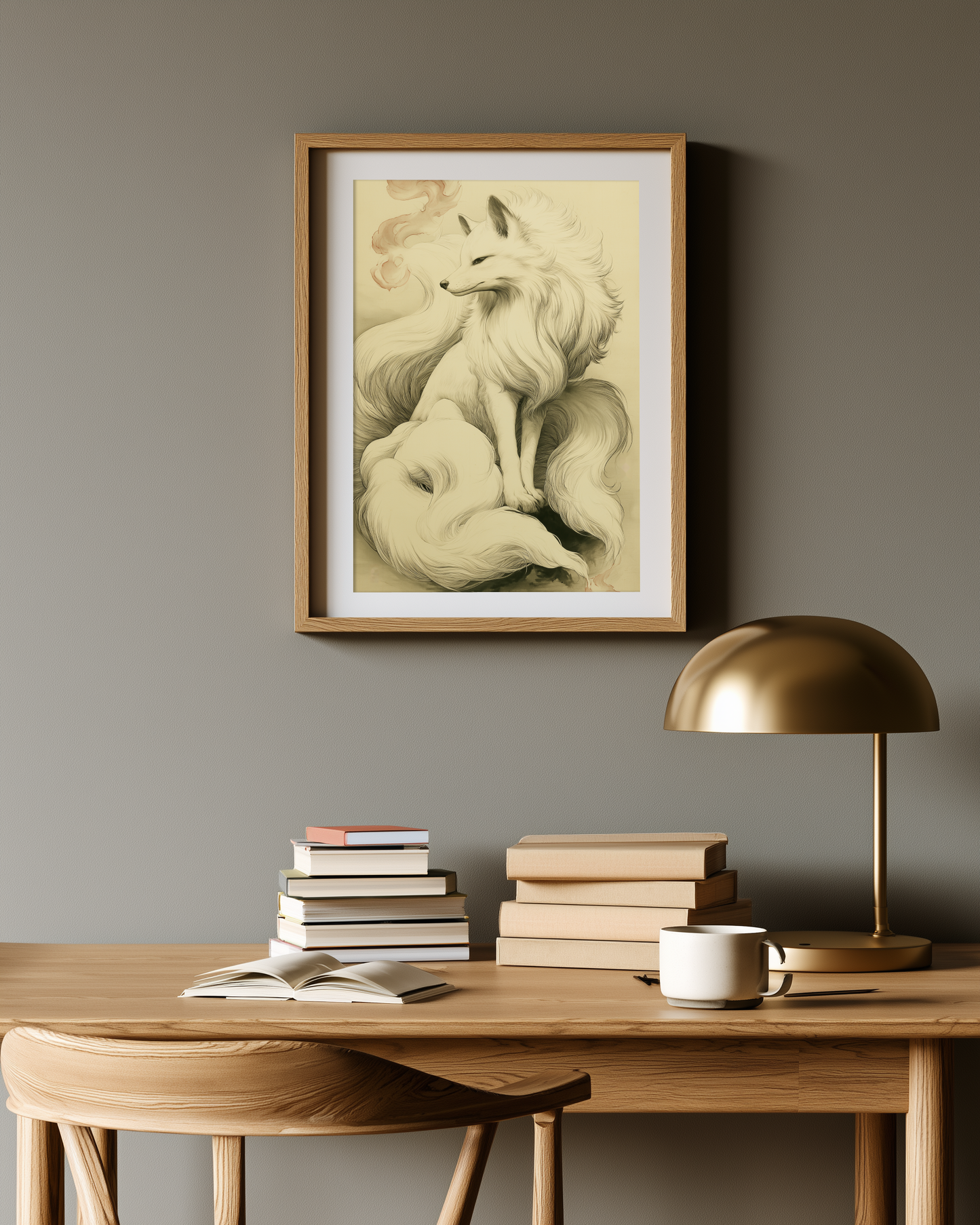 Sumi-e style ink print of a white nine-tailed fox seated with a pale rose-toned foxfire flame drifting nearby, black ink on cream paper, framed in oak on a warm greige study wall above a desk with books and a brass lamp, Yugen Print