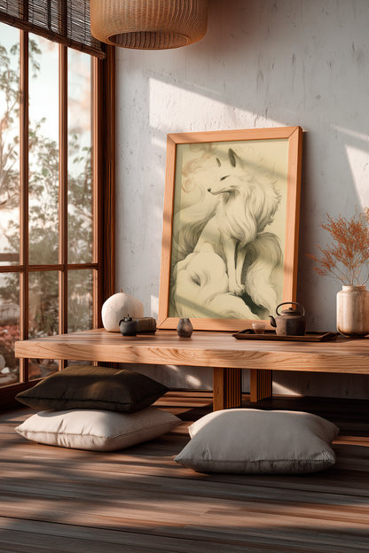 Sumi-e style ink print of a white nine-tailed fox seated with a pale rose-toned foxfire flame drifting nearby, black ink on cream paper, framed in oak and resting on a low wooden table in a sunlit tatami room with floor cushions, Yugen Print