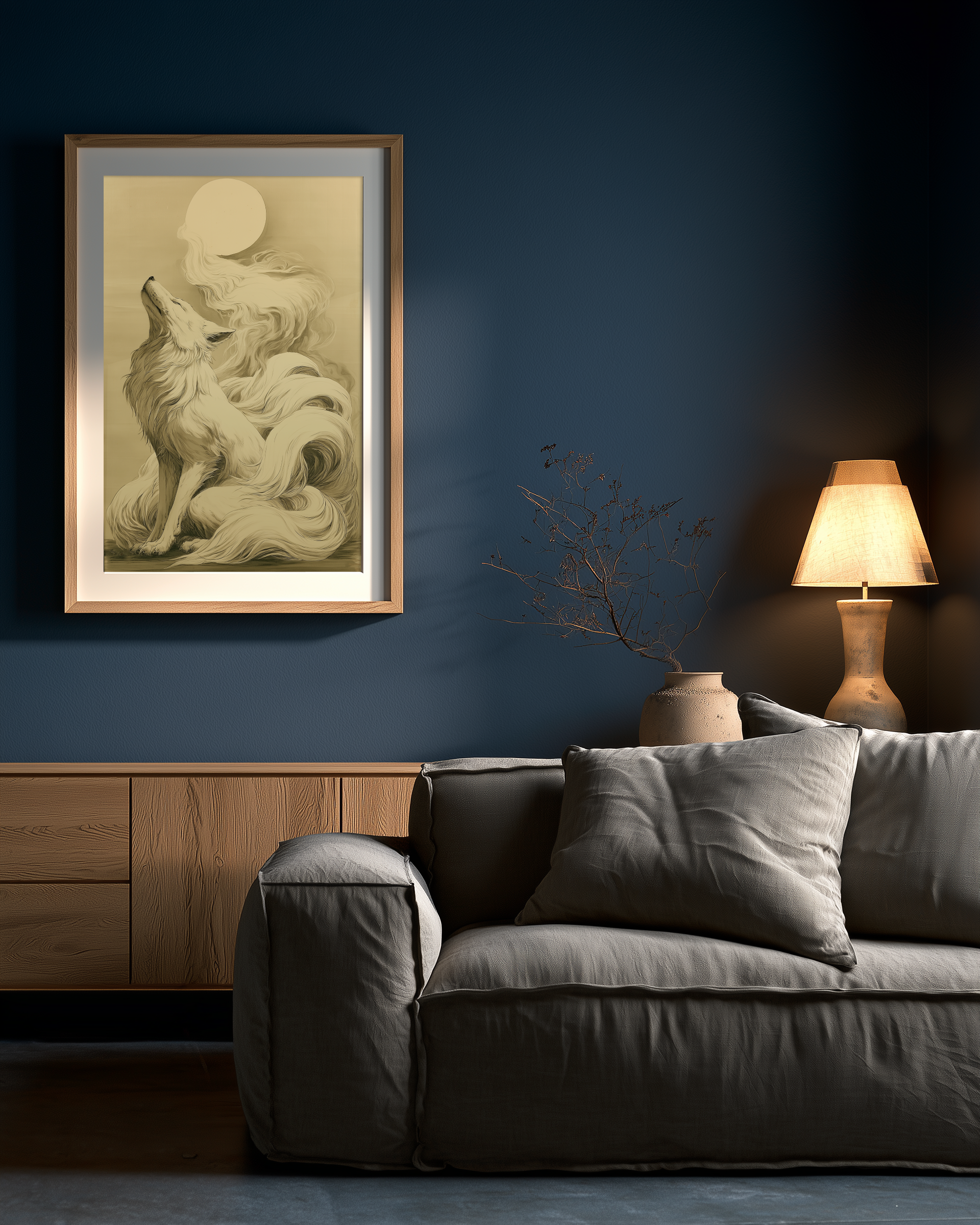 Sumi-e style ink print of a white nine-tailed fox lifting its head toward a full moon, tails rising into mist, black ink on cream paper, framed in oak on a deep blue living room wall above a grey sofa with a table lamp, Yugen Print