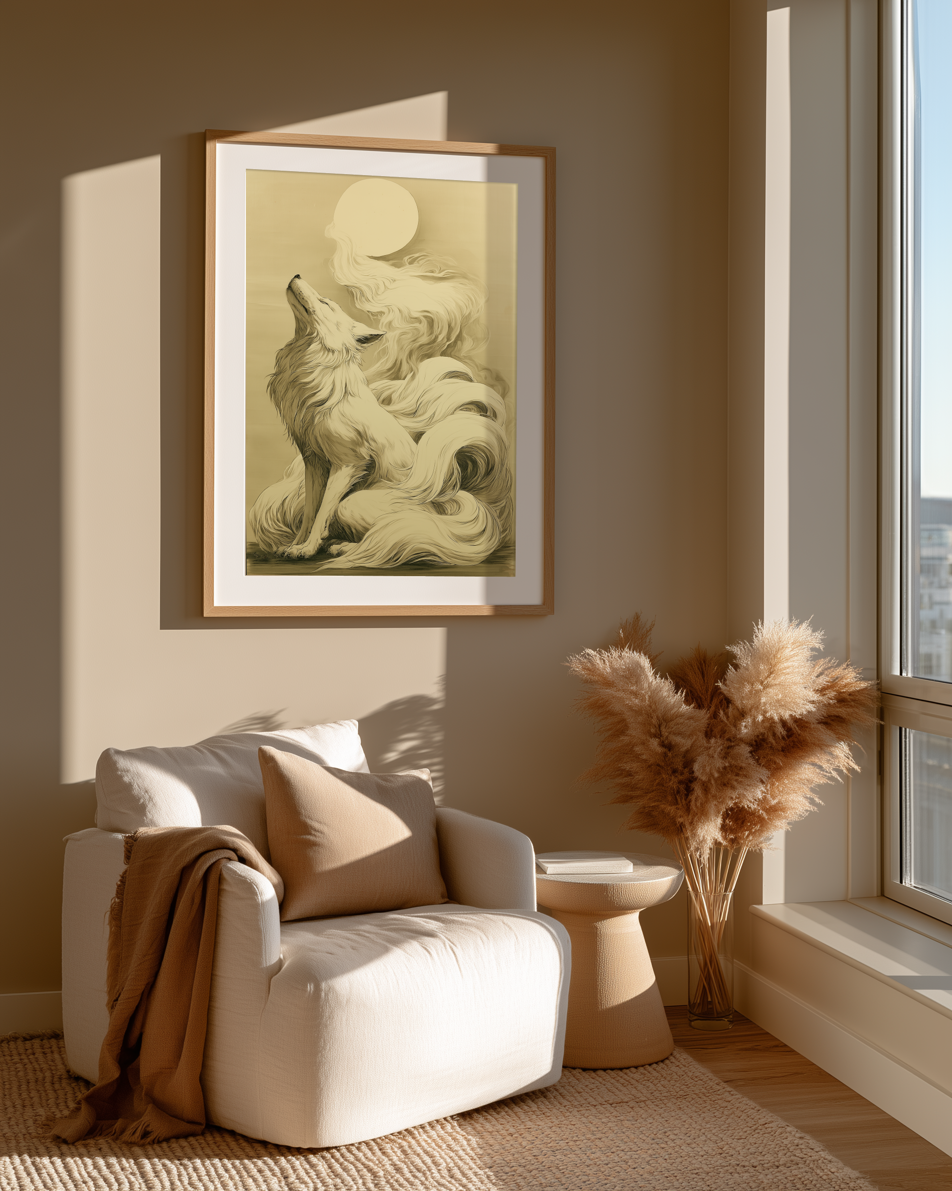 Sumi-e style ink print of a white nine-tailed fox lifting its head toward a full moon, tails rising into mist, black ink on cream paper, framed in oak in a sunlit reading nook beside a boucle chair and pampas, Yugen Print