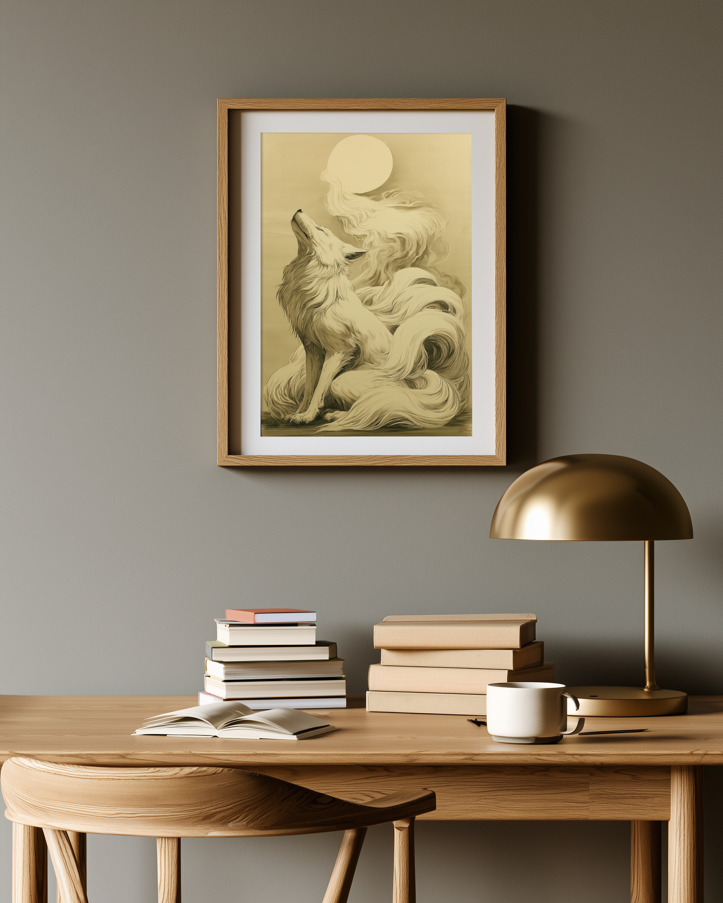 Sumi-e style ink print of a white nine-tailed fox lifting its head toward a full moon, tails rising into mist, black ink on cream paper, framed in oak on a warm greige study wall above a desk with books and a brass lamp, Yugen Print