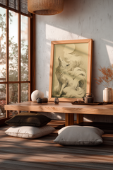 Sumi-e style ink print of a white nine-tailed fox lifting its head toward a full moon, tails rising into mist, black ink on cream paper, framed in oak and resting on a low wooden table in a sunlit tatami room with floor cushions, Yugen Print