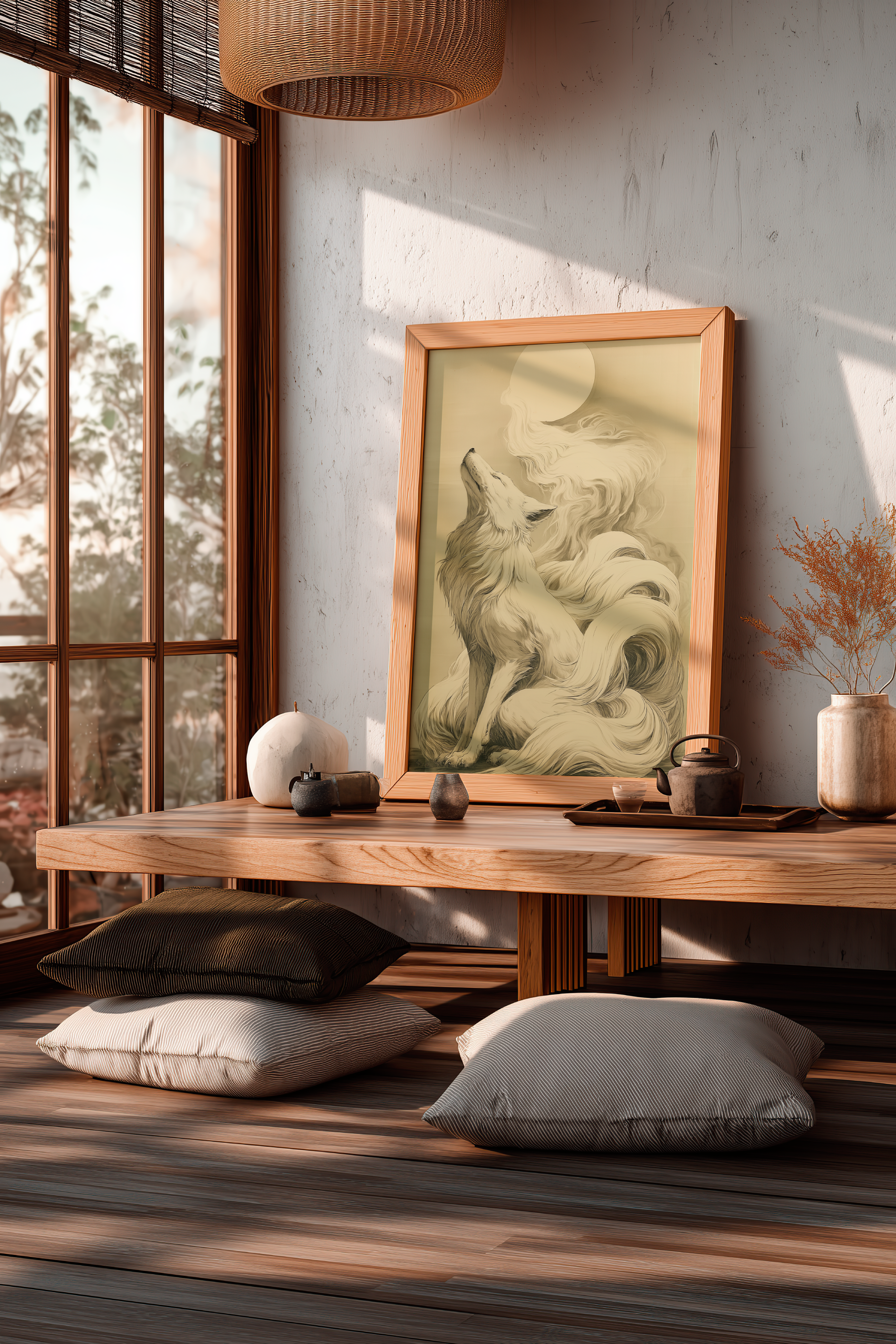 Sumi-e style ink print of a white nine-tailed fox lifting its head toward a full moon, tails rising into mist, black ink on cream paper, framed in oak and resting on a low wooden table in a sunlit tatami room with floor cushions, Yugen Print