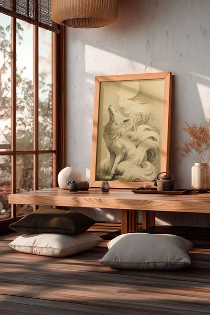 Sumi-e style ink print of a white nine-tailed fox lifting its head toward a full moon, tails rising into mist, black ink on cream paper, framed in oak and resting on a low wooden table in a sunlit tatami room with floor cushions, Yugen Print