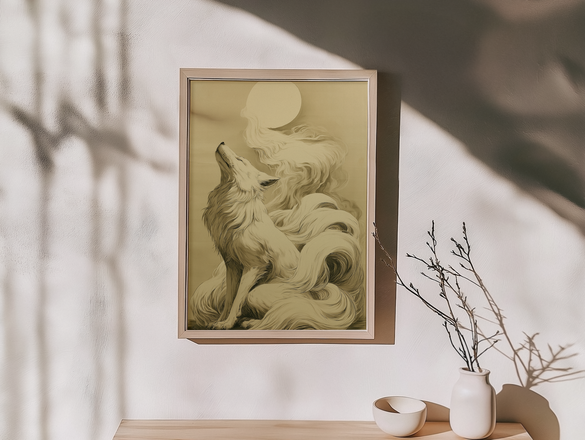 Sumi-e style ink print of a white nine-tailed fox lifting its head toward a full moon, tails rising into mist, black ink on cream paper, framed in oak on a warm off-white wall with soft branch shadows, a dried branch and a ceramic dish below, Yugen Print