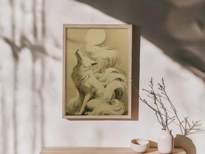 Sumi-e style ink print of a white nine-tailed fox lifting its head toward a full moon, tails rising into mist, black ink on cream paper, framed in oak on a warm off-white wall with soft branch shadows, a dried branch and a ceramic dish below, Yugen Print