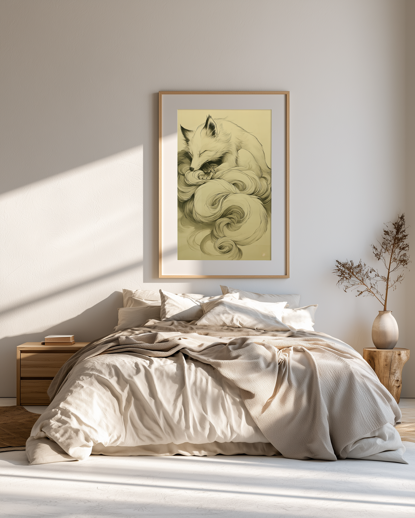 Sumi-e style ink print of a white nine-tailed fox curled asleep with its tails wrapped around it in drifting plumes, black ink on cream paper, framed in oak above a bed with white linen in a serene sunlit bedroom, Yugen Print