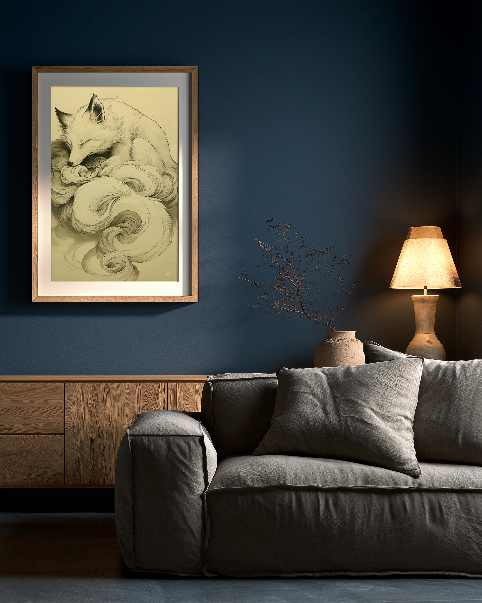 Sumi-e style ink print of a white nine-tailed fox curled asleep with its tails wrapped around it in drifting plumes, black ink on cream paper, framed in oak on a deep blue living room wall above a grey sofa with a table lamp, Yugen Print