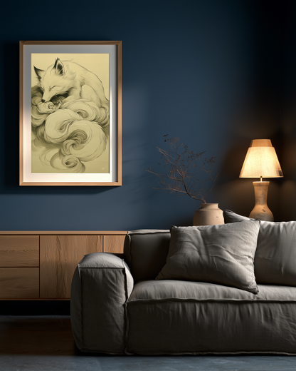 Sumi-e style ink print of a white nine-tailed fox curled asleep with its tails wrapped around it in drifting plumes, black ink on cream paper, framed in oak on a deep blue living room wall above a grey sofa with a table lamp, Yugen Print