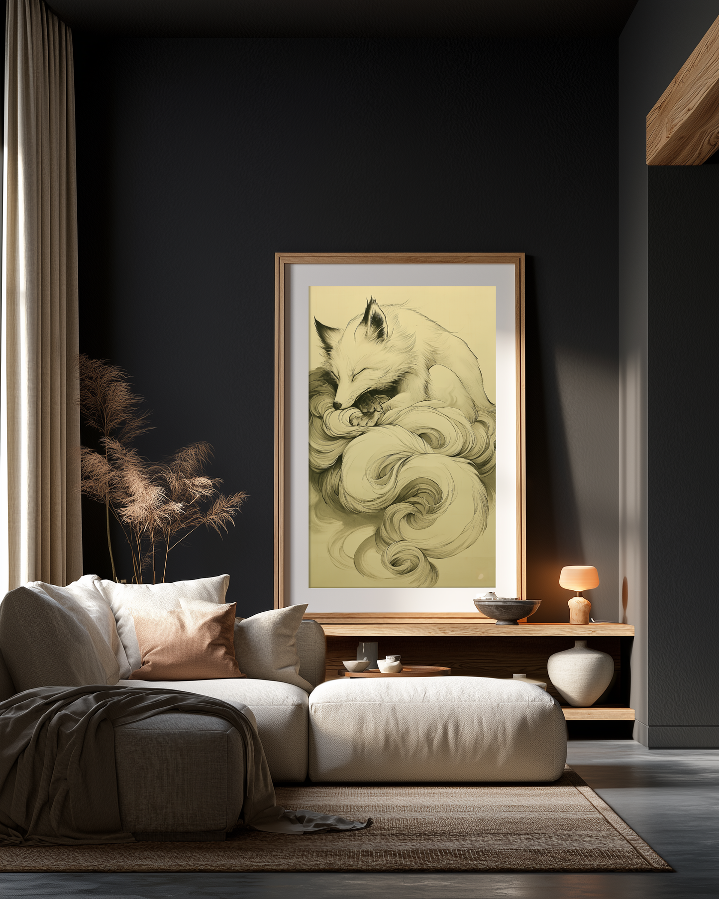 Sumi-e style ink print of a white nine-tailed fox curled asleep with its tails wrapped around it in drifting plumes, black ink on cream paper, framed in oak on a dark moody living room wall above a low linen sofa, Yugen Print