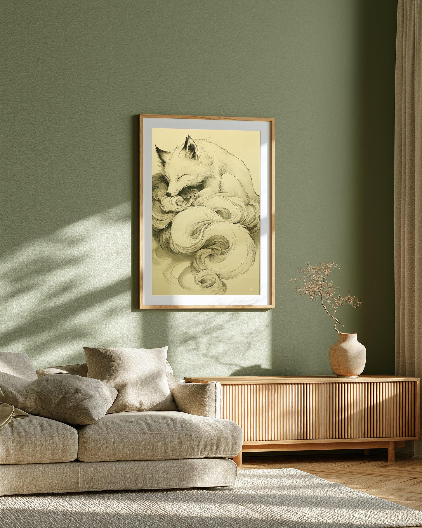 Sumi-e style ink print of a white nine-tailed fox curled asleep with its tails wrapped around it in drifting plumes, black ink on cream paper, framed in oak on a sage-green living room wall above a wooden sideboard, Yugen Print