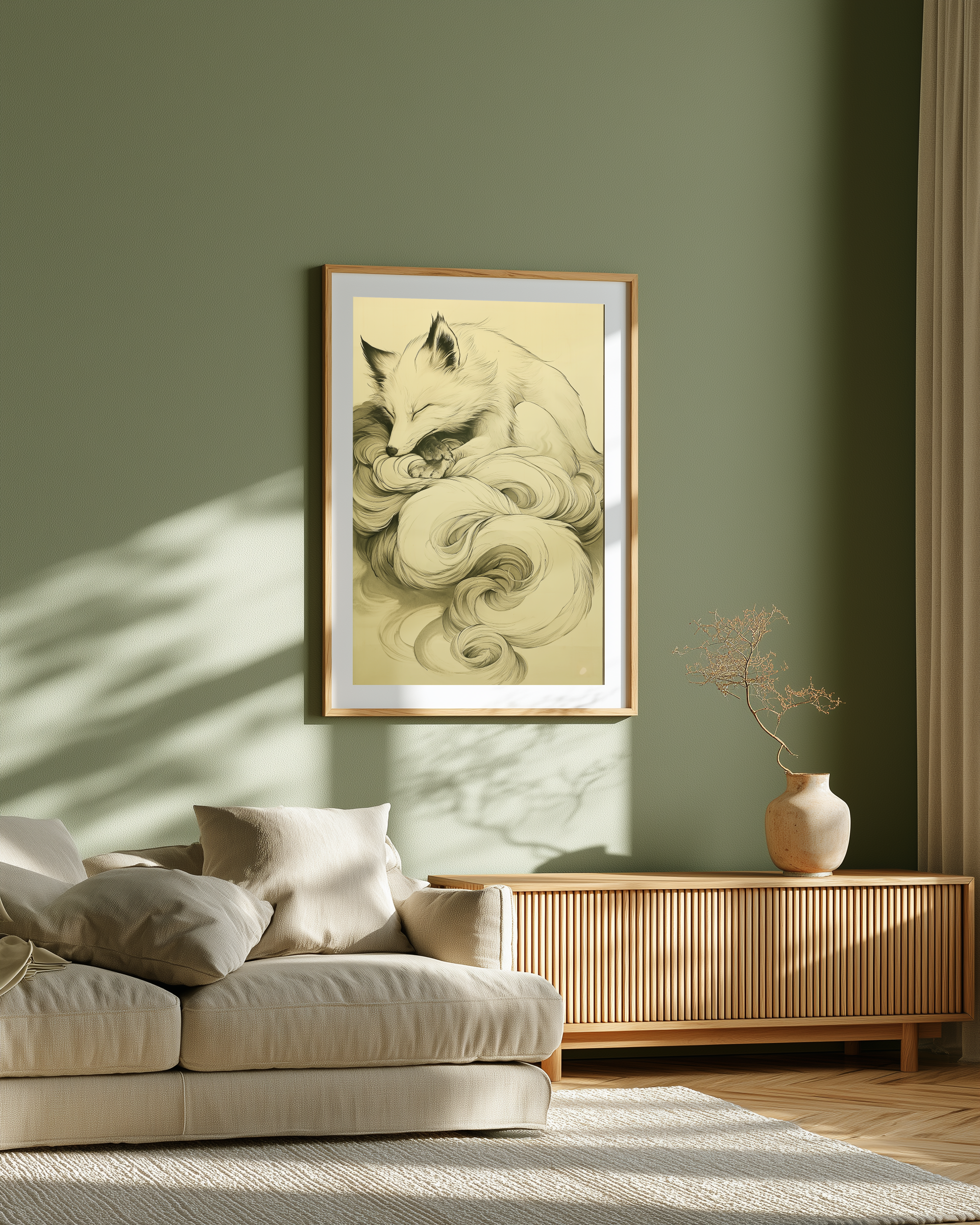 Sumi-e style ink print of a white nine-tailed fox curled asleep with its tails wrapped around it in drifting plumes, black ink on cream paper, framed in oak on a sage-green living room wall above a wooden sideboard, Yugen Print