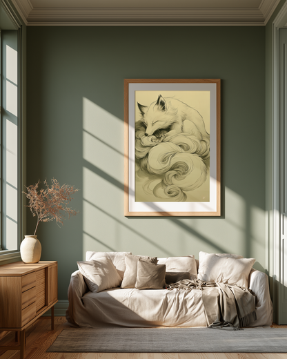 Sumi-e style ink print of a white nine-tailed fox curled asleep with its tails wrapped around it in drifting plumes, black ink on cream paper, framed in oak on a sage-green living room wall above a low linen sofa, Yugen Print