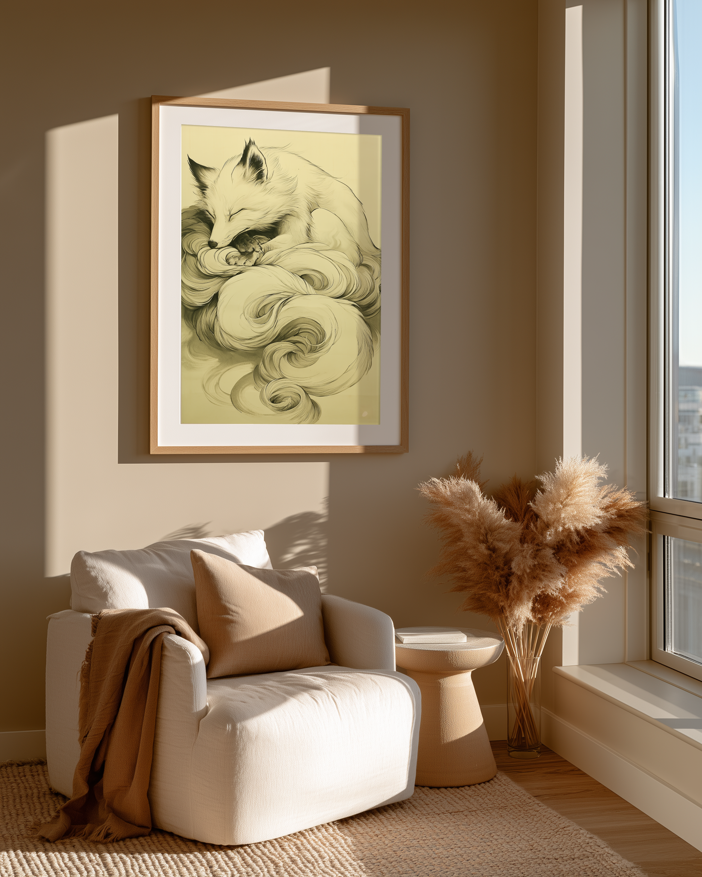 Sumi-e style ink print of a white nine-tailed fox curled asleep with its tails wrapped around it in drifting plumes, black ink on cream paper, framed in oak in a sunlit reading nook beside a boucle chair and pampas, Yugen Print