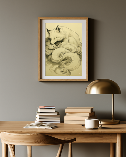 Sumi-e style ink print of a white nine-tailed fox curled asleep with its tails wrapped around it in drifting plumes, black ink on cream paper, framed in oak on a warm greige study wall above a desk with books and a brass lamp, Yugen Print