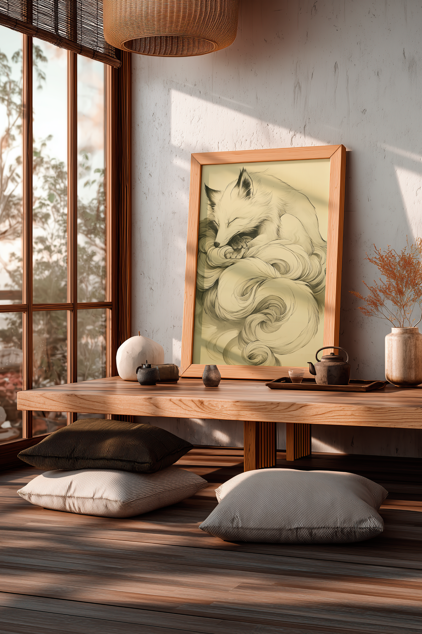 Sumi-e style ink print of a white nine-tailed fox curled asleep with its tails wrapped around it in drifting plumes, black ink on cream paper, framed in oak and resting on a low wooden table in a sunlit tatami room with floor cushions, Yugen Print