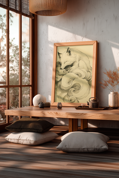 Sumi-e style ink print of a white nine-tailed fox curled asleep with its tails wrapped around it in drifting plumes, black ink on cream paper, framed in oak and resting on a low wooden table in a sunlit tatami room with floor cushions, Yugen Print