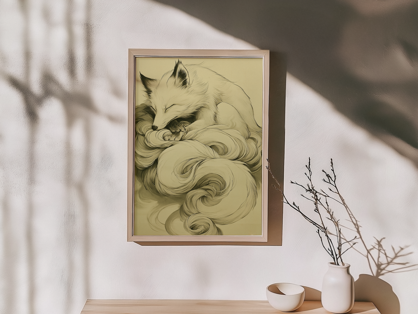 Sumi-e style ink print of a white nine-tailed fox curled asleep with its tails wrapped around it in drifting plumes, black ink on cream paper, framed in oak on a warm off-white wall with soft branch shadows, a dried branch and a ceramic dish below, Yugen Print