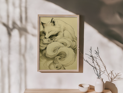 Sumi-e style ink print of a white nine-tailed fox curled asleep with its tails wrapped around it in drifting plumes, black ink on cream paper, framed in oak on a warm off-white wall with soft branch shadows, a dried branch and a ceramic dish below, Yugen Print