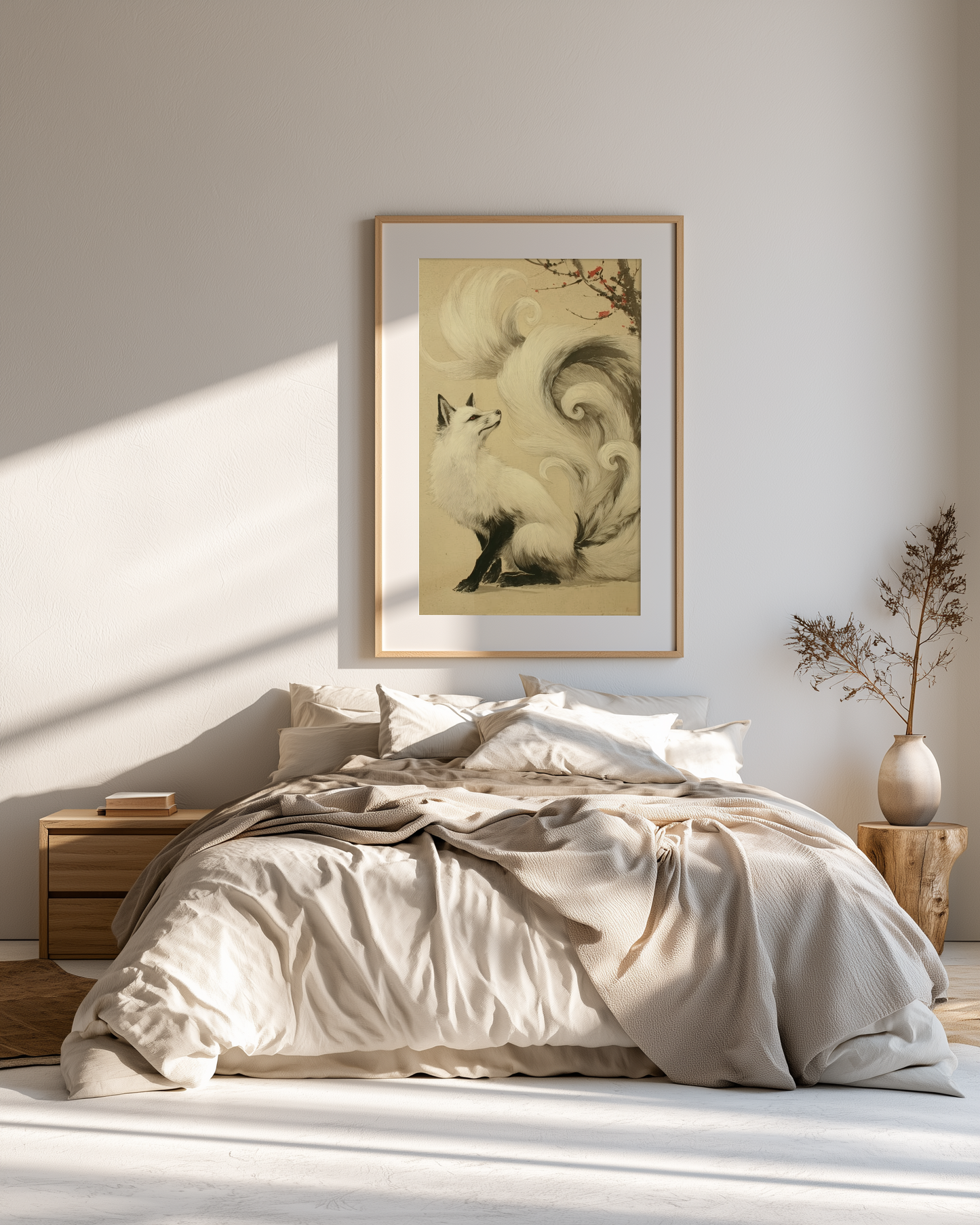 Sumi-e style ink print of a white nine-tailed fox seated with its gaze lifted toward a plum blossom branch, tails flowing into mist, black ink on cream paper, framed in oak above a bed with white linen in a serene sunlit bedroom, Yugen Print