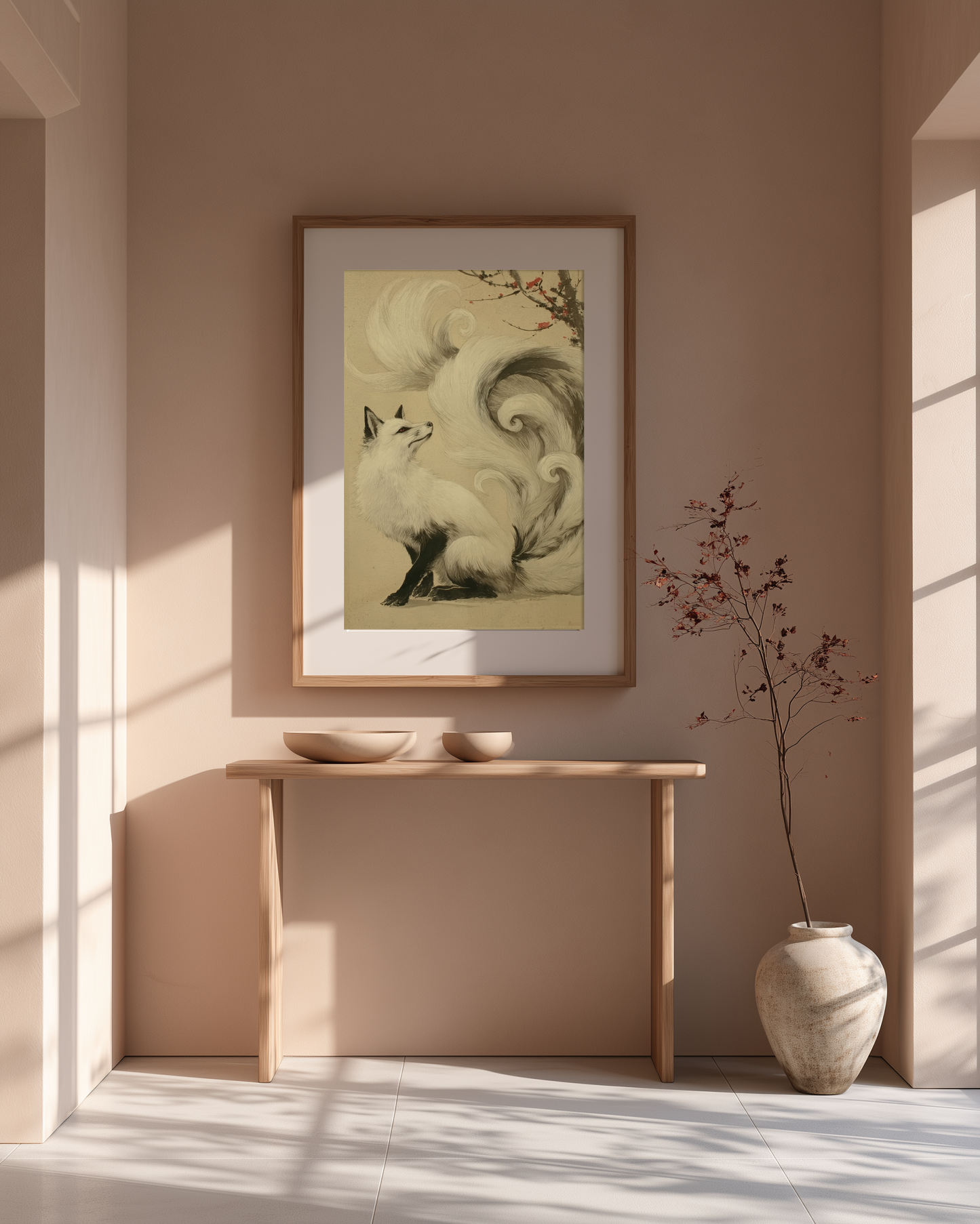 Sumi-e style ink print of a white nine-tailed fox seated with its gaze lifted toward a plum blossom branch, tails flowing into mist, black ink on cream paper, framed in oak in a warm minimalist entryway above a wooden console with a stone vase, Yugen Print