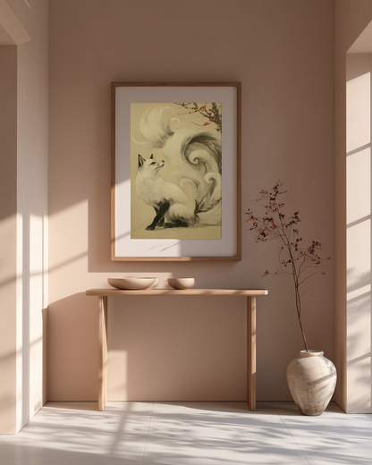 Sumi-e style ink print of a white nine-tailed fox seated with its gaze lifted toward a plum blossom branch, tails flowing into mist, black ink on cream paper, framed in oak in a warm minimalist entryway above a wooden console with a stone vase, Yugen Print