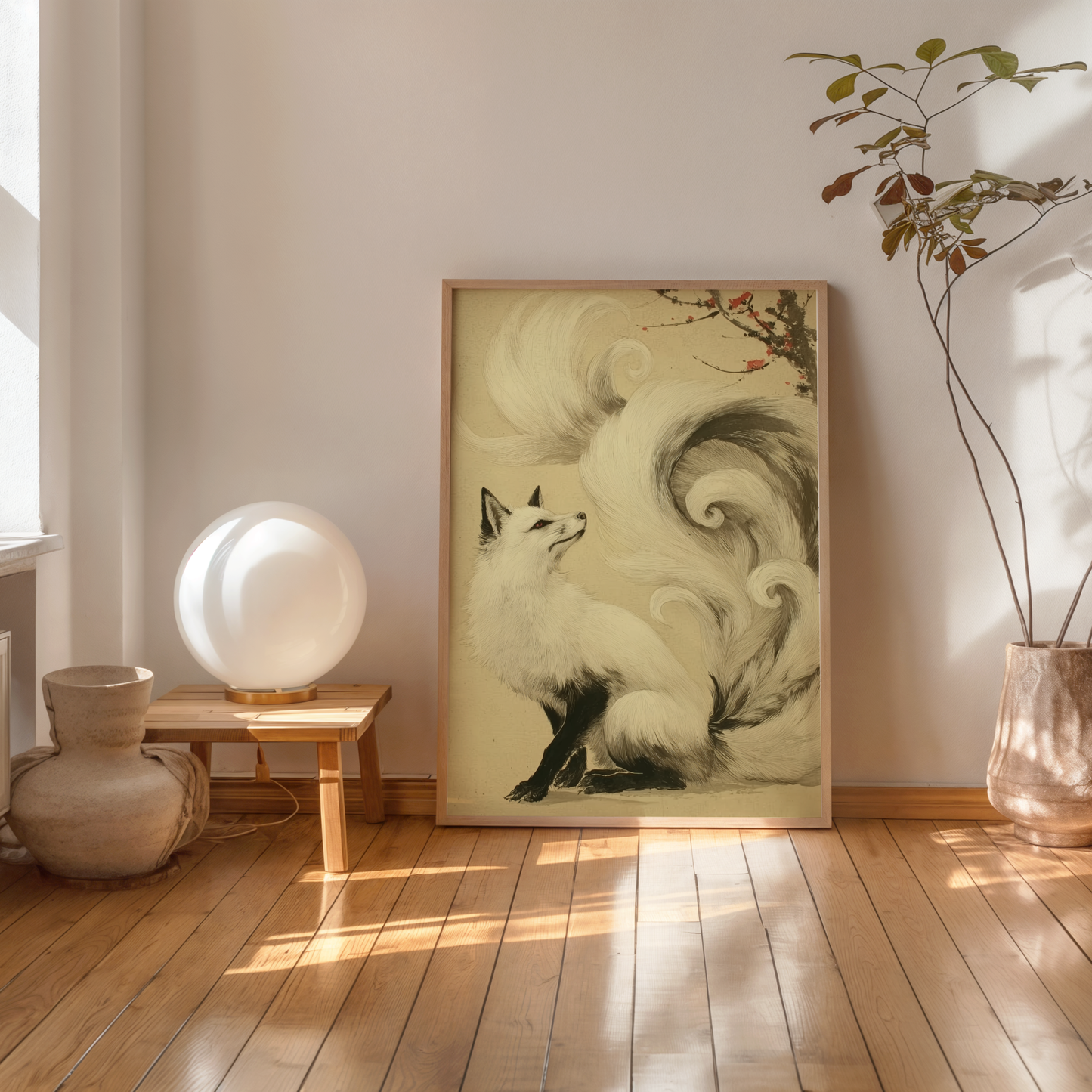 Sumi-e style ink print of a white nine-tailed fox seated with its gaze lifted toward a plum blossom branch, tails flowing into mist, black ink on cream paper, framed in oak and leaning against a sunlit wall beside a round mirror and ceramics, Yugen Print