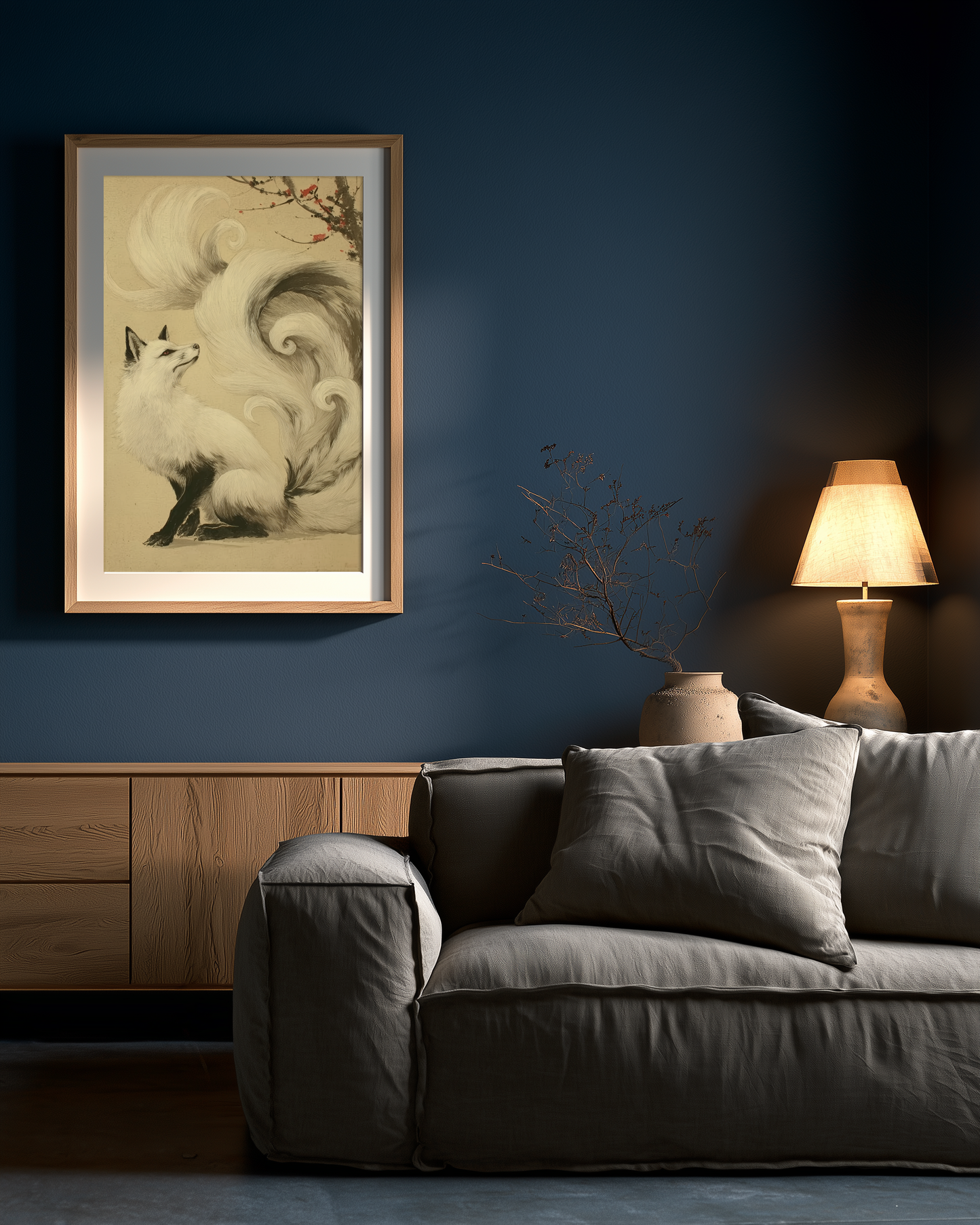 Sumi-e style ink print of a white nine-tailed fox seated with its gaze lifted toward a plum blossom branch, tails flowing into mist, black ink on cream paper, framed in oak on a deep blue living room wall above a grey sofa with a table lamp, Yugen Print