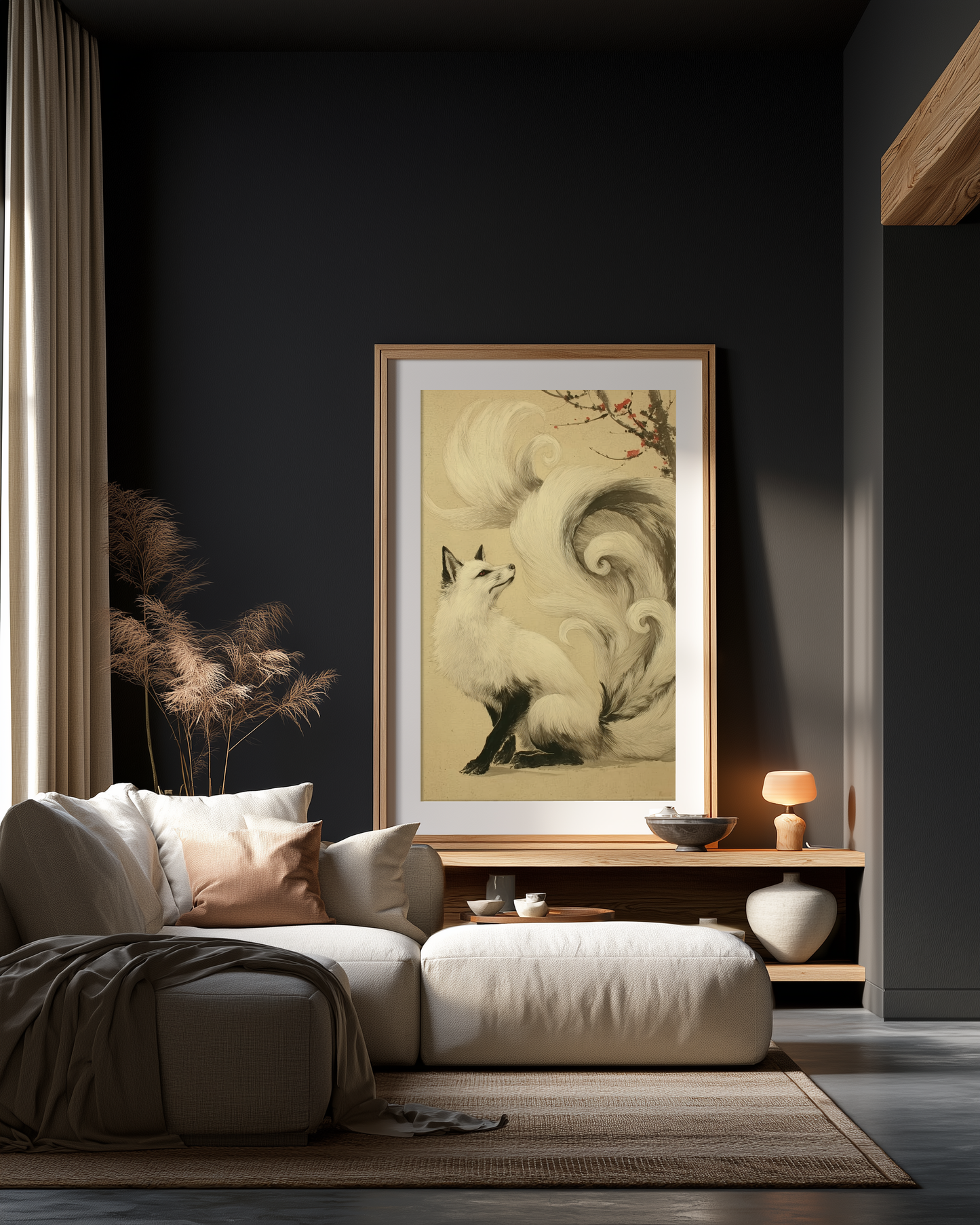Sumi-e style ink print of a white nine-tailed fox seated with its gaze lifted toward a plum blossom branch, tails flowing into mist, black ink on cream paper, framed in oak on a dark moody living room wall above a low linen sofa, Yugen Print