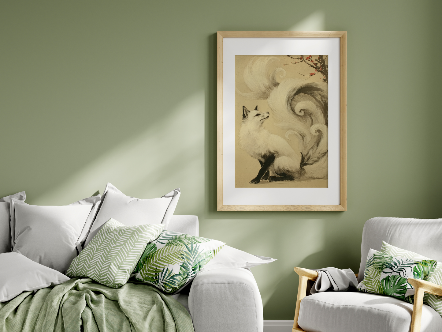 Sumi-e style ink print of a white nine-tailed fox seated with its gaze lifted toward a plum blossom branch, tails flowing into mist, black ink on cream paper, framed in oak on a green living room wall above a sofa with cushions, Yugen Print