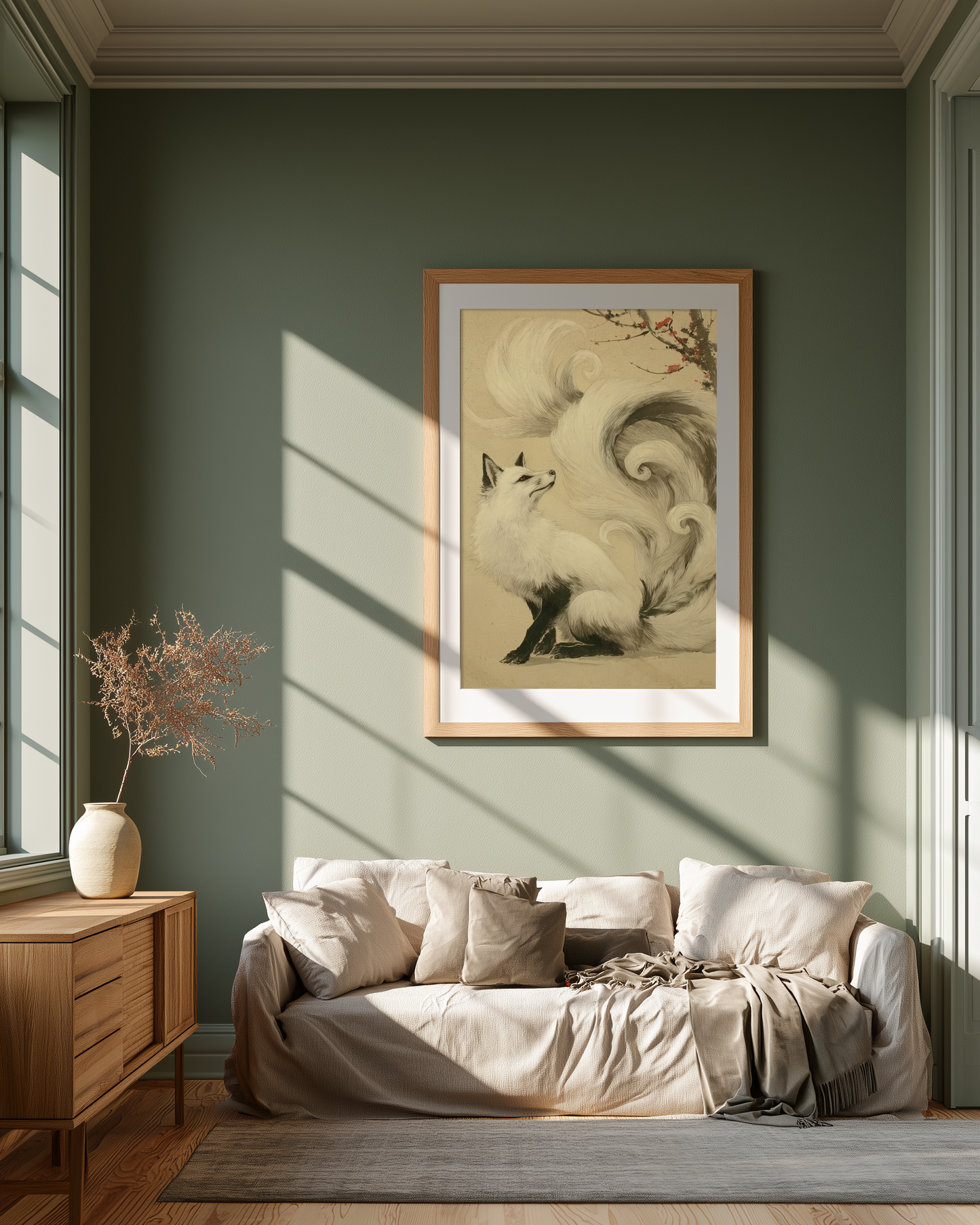 Sumi-e style ink print of a white nine-tailed fox seated with its gaze lifted toward a plum blossom branch, tails flowing into mist, black ink on cream paper, framed in oak on a sage-green living room wall above a low linen sofa, Yugen Print