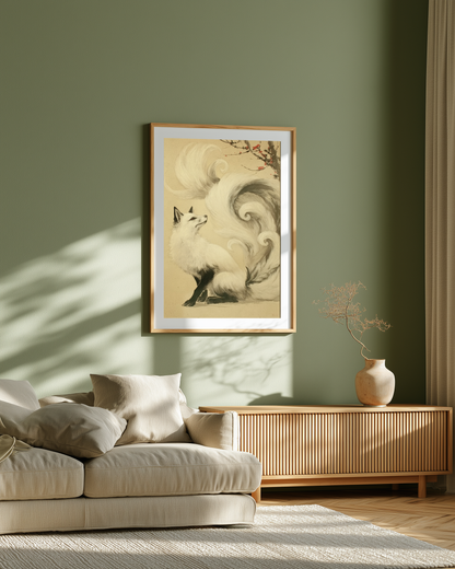 Sumi-e style ink print of a white nine-tailed fox seated with its gaze lifted toward a plum blossom branch, tails flowing into mist, black ink on cream paper, daa79d7eframed in oak on a sage-green living room wall above a wooden sideboard, Yugen Print