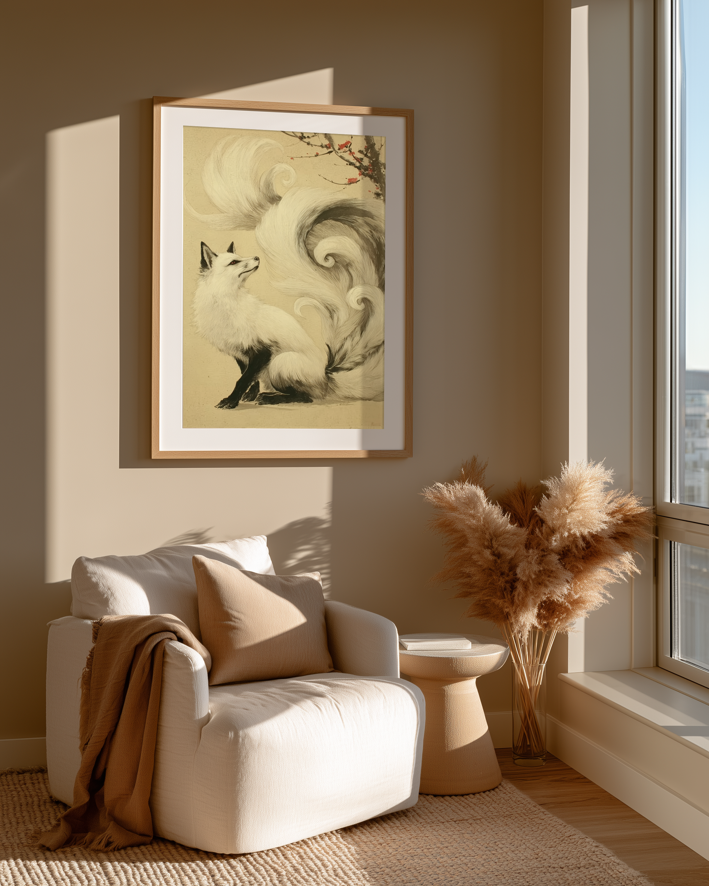 Sumi-e style ink print of a white nine-tailed fox seated with its gaze lifted toward a plum blossom branch, tails flowing into mist, black ink on cream paper, framed in oak in a sunlit reading nook beside a boucle chair and pampas, Yugen Print