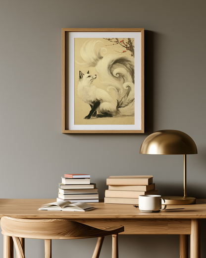 Sumi-e style ink print of a white nine-tailed fox seated with its gaze lifted toward a plum blossom branch, tails flowing into mist, black ink on cream paper, framed in oak on a warm greige study wall above a desk with books and a brass lamp, Yugen Print