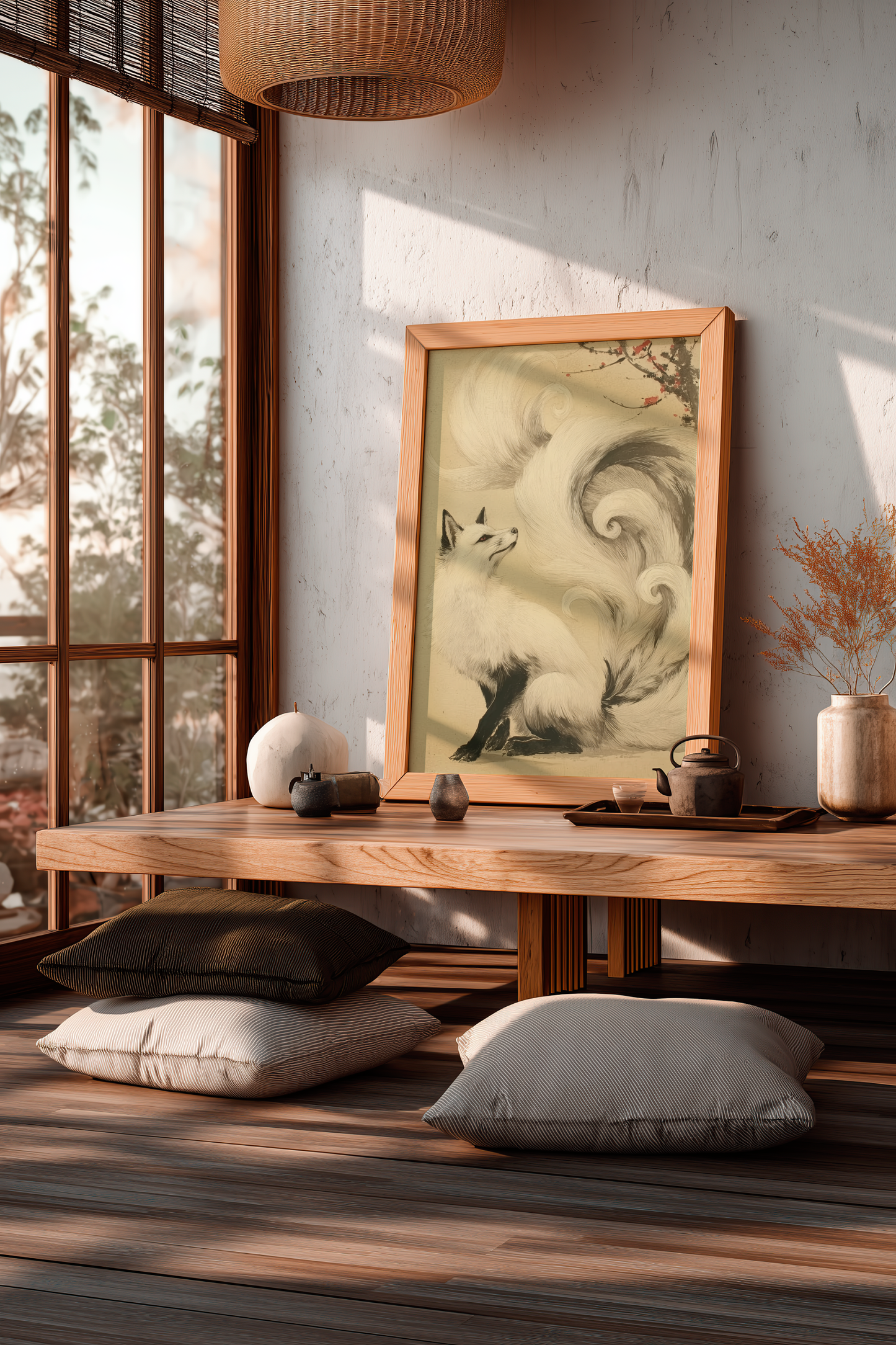 Sumi-e style ink print of a white nine-tailed fox seated with its gaze lifted toward a plum blossom branch, tails flowing into mist, black ink on cream paper, framed in oak and leaning against a sunlit wall beside a round mirror and ceramics, Yugen Print