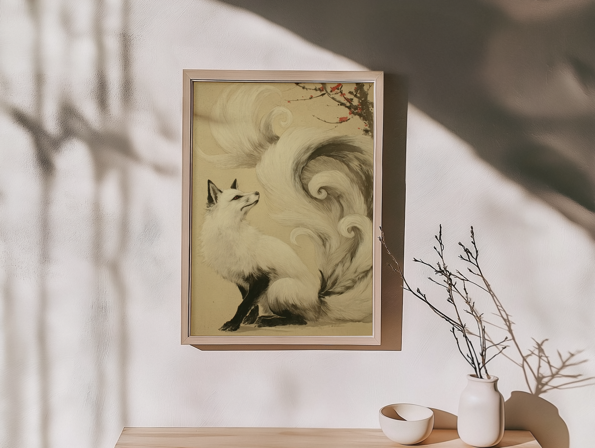 Sumi-e style ink print of a white nine-tailed fox seated with its gaze lifted toward a plum blossom branch, tails flowing into mist, black ink on cream paper, framed in oak on a warm off-white wall with soft branch shadows, a dried branch and a ceramic dish below, Yugen Print