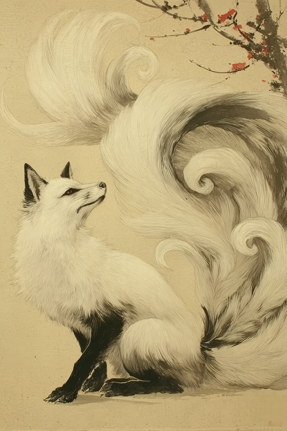 The Messenger — White Nine-Tailed Fox Print | Sumi-e Style Ink Art