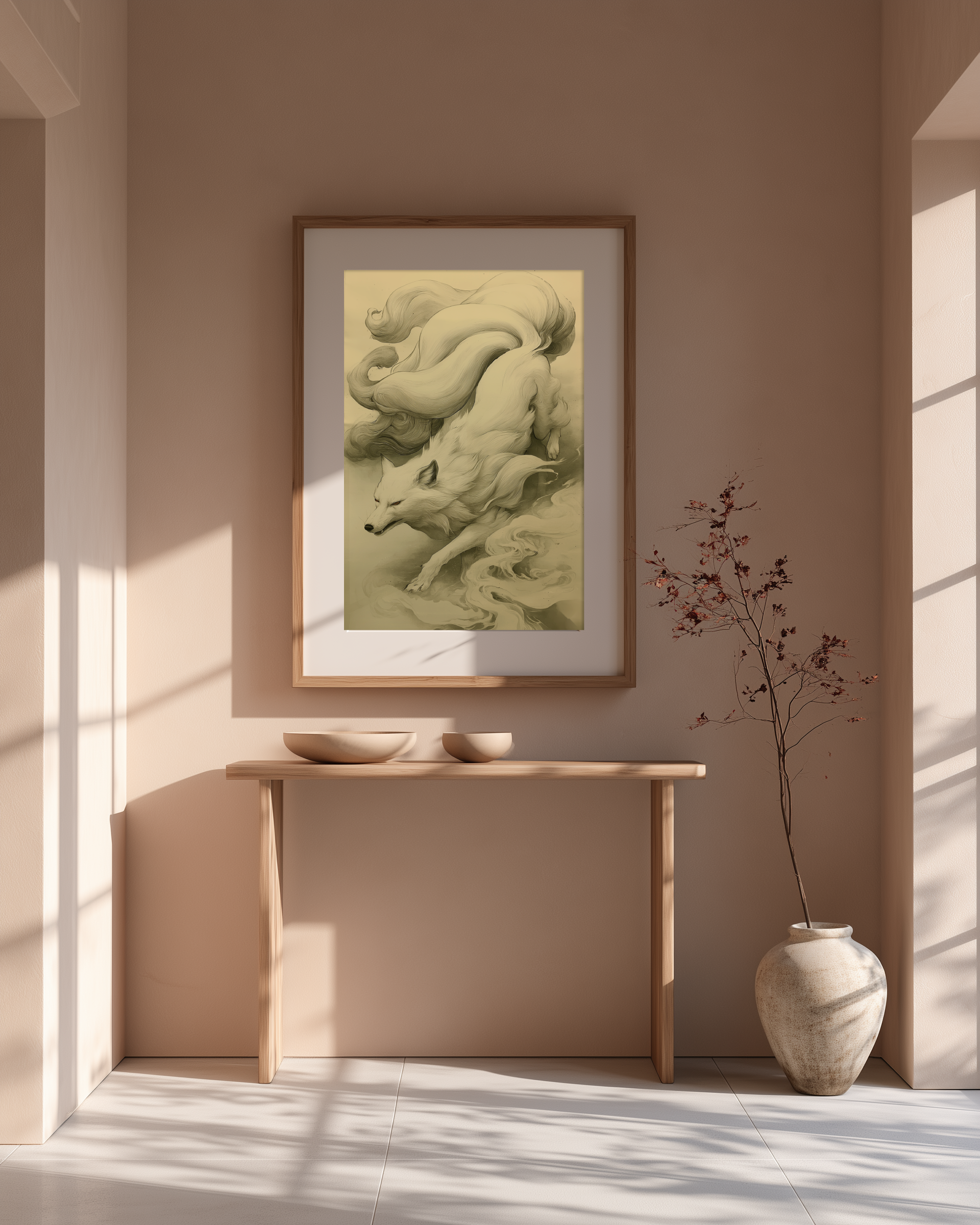 Sumi-e style ink print of a white nine-tailed fox prowling downward through mist, nine tails streaming behind, black ink on cream paper, framed in oak in a warm minimalist entryway above a wooden console with a stone vase, Yugen Print