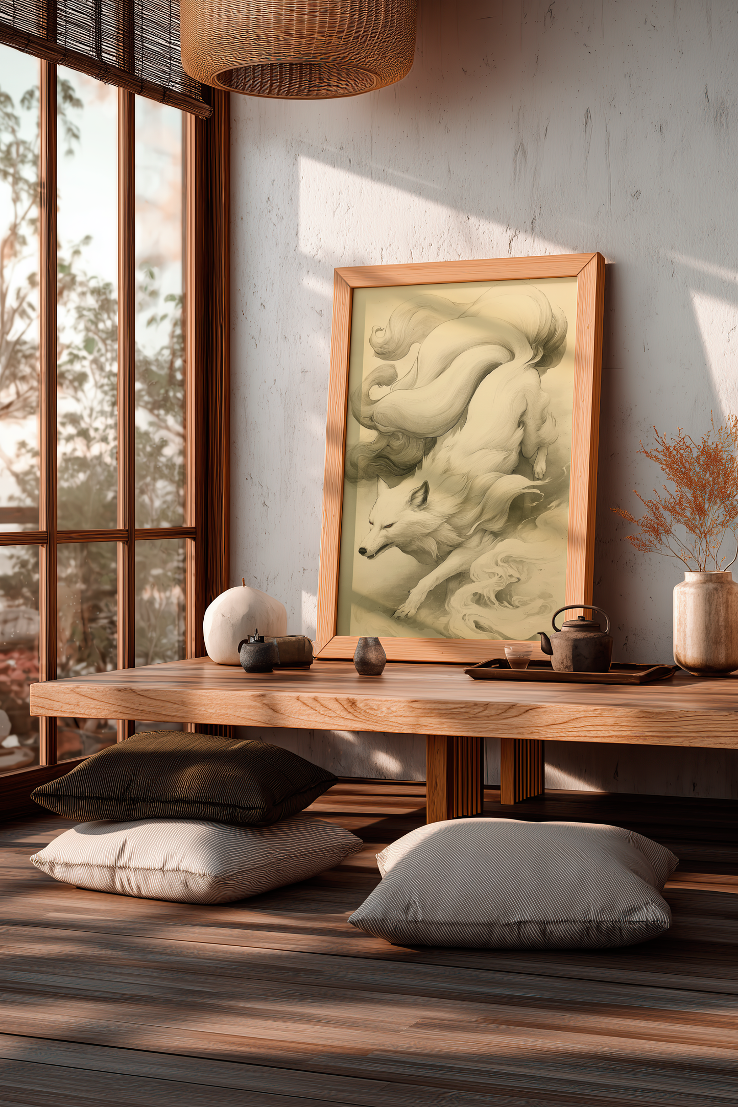 Sumi-e style ink print of a white nine-tailed fox prowling downward through mist, nine tails streaming behind, black ink on cream paper, framed in oak and resting on a low wooden table in a sunlit tatami room with floor cushions, Yugen Print