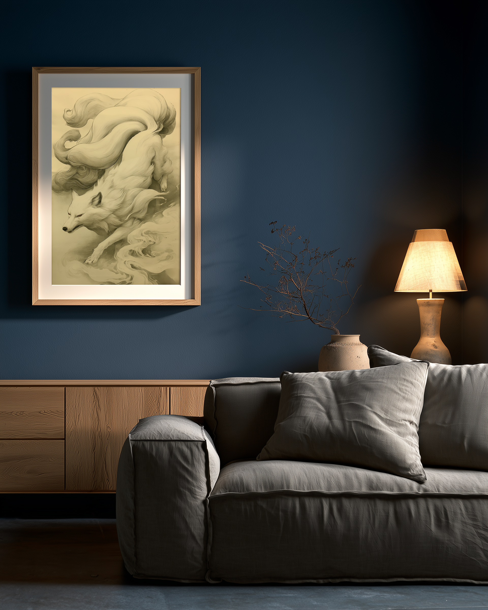 Sumi-e style ink print of a white nine-tailed fox prowling downward through mist, nine tails streaming behind, black ink on cream paper, framed in oak on a deep blue living room wall above a grey sofa with a table lamp, Yugen Print