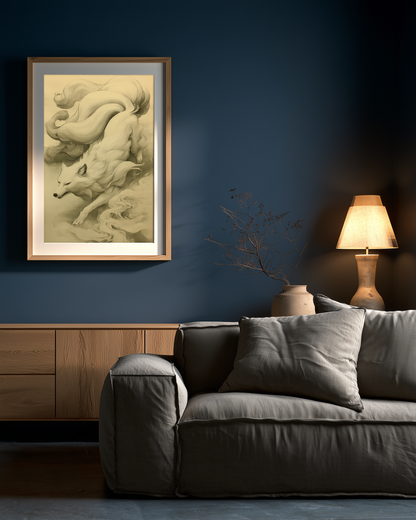 Sumi-e style ink print of a white nine-tailed fox prowling downward through mist, nine tails streaming behind, black ink on cream paper, framed in oak on a deep blue living room wall above a grey sofa with a table lamp, Yugen Print