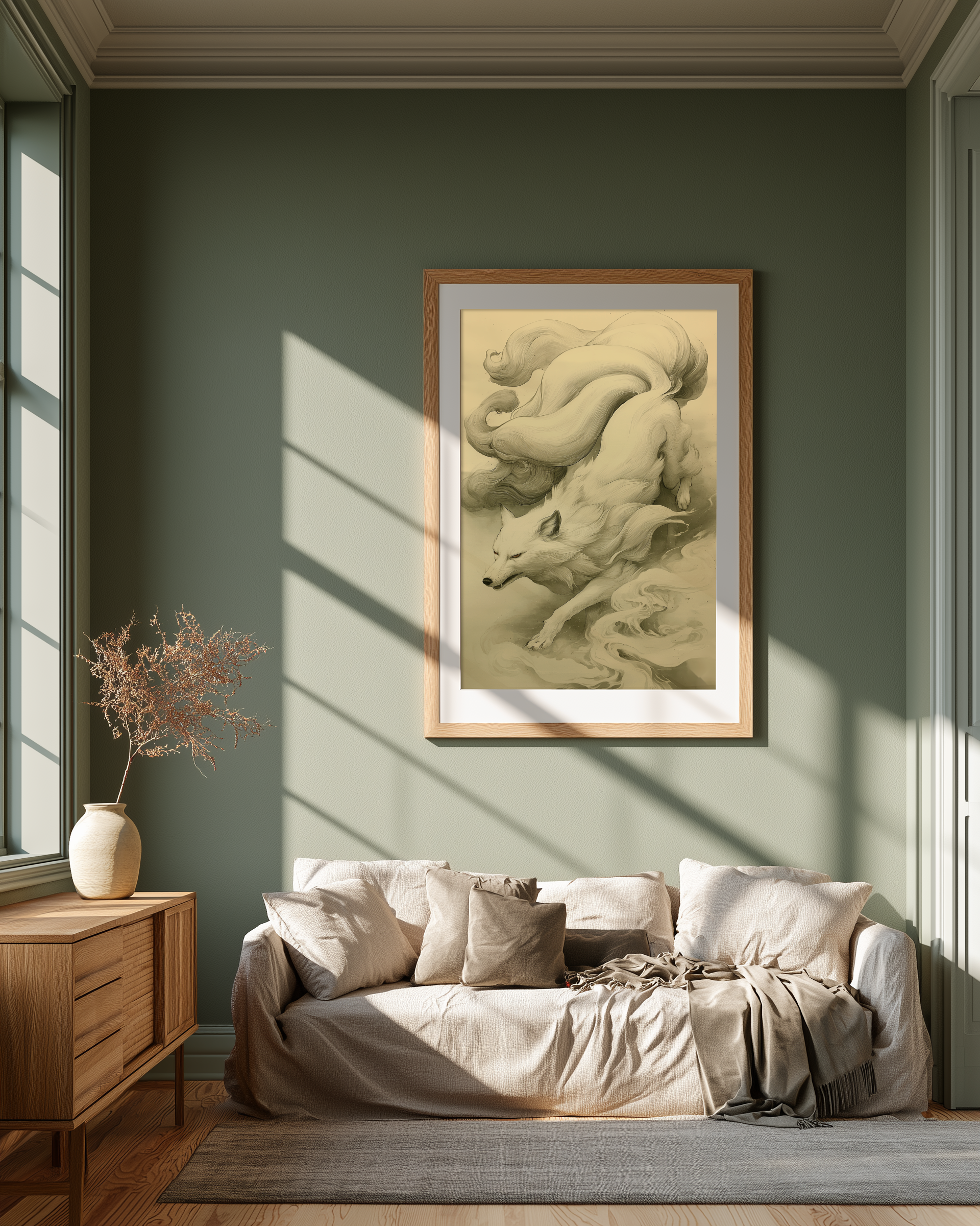 Sumi-e style ink print of a white nine-tailed fox prowling downward through mist, nine tails streaming behind, black ink on cream paper, framed in oak on a sage-green living room wall above a low linen sofa, Yugen Print