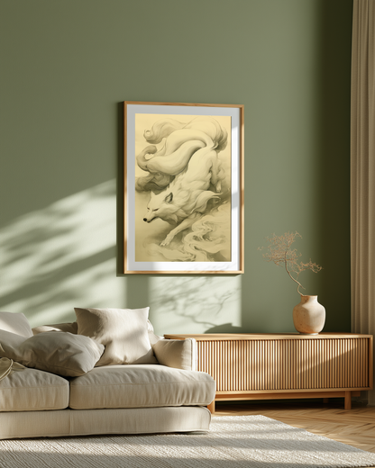 Sumi-e style ink print of a white nine-tailed fox prowling downward through mist, nine tails streaming behind, black ink on cream paper, framed in oak on a sage-green living room wall above a wooden sideboard, Yugen Print