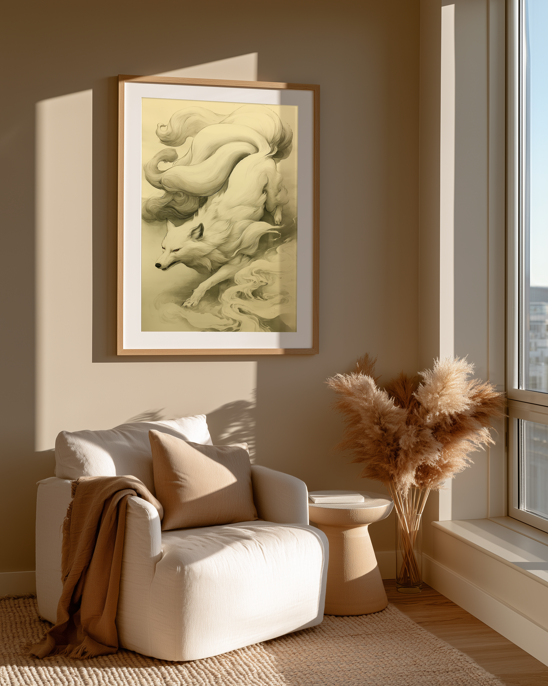Sumi-e style ink print of a white nine-tailed fox prowling downward through mist, nine tails streaming behind, black ink on cream paper, framed in oak in a sunlit reading nook beside a boucle chair and pampas, Yugen Print