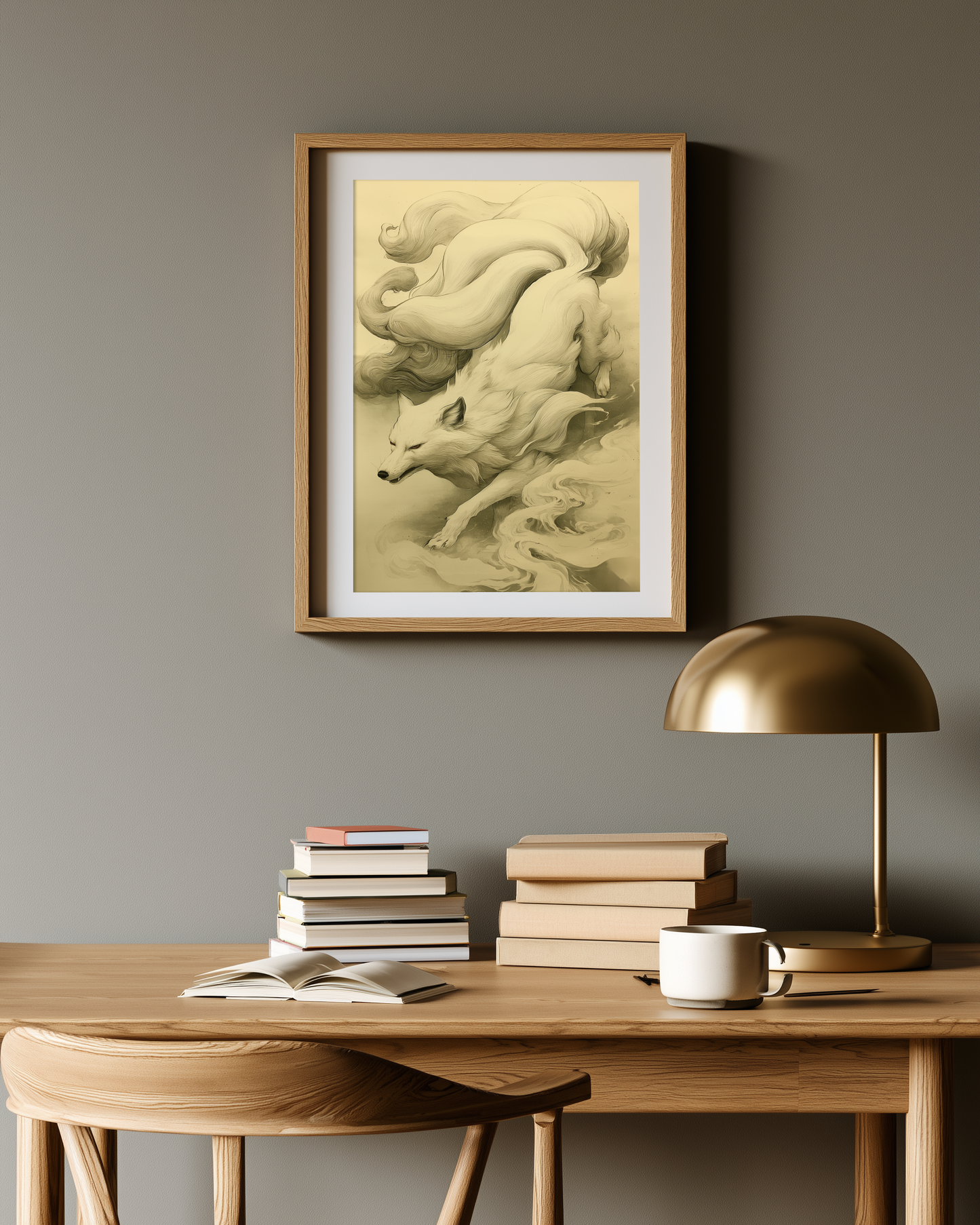 Sumi-e style ink print of a white nine-tailed fox prowling downward through mist, nine tails streaming behind, black ink on cream paper, framed in oak on a warm greige study wall above a desk with books and a brass lamp, Yugen Print
