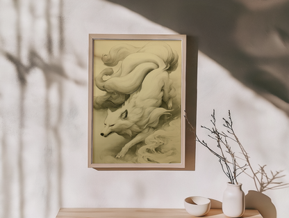 Sumi-e style ink print of a white nine-tailed fox prowling downward through mist, nine tails streaming behind, black ink on cream paper, framed in oak on a warm off-white wall with soft branch shadows, a dried branch and a ceramic dish below, Yugen Print