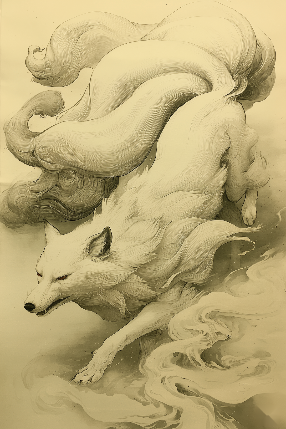 Sumi-e style ink print of a white nine-tailed fox prowling downward through mist, nine tails streaming behind, black ink on cream, Yugen Print