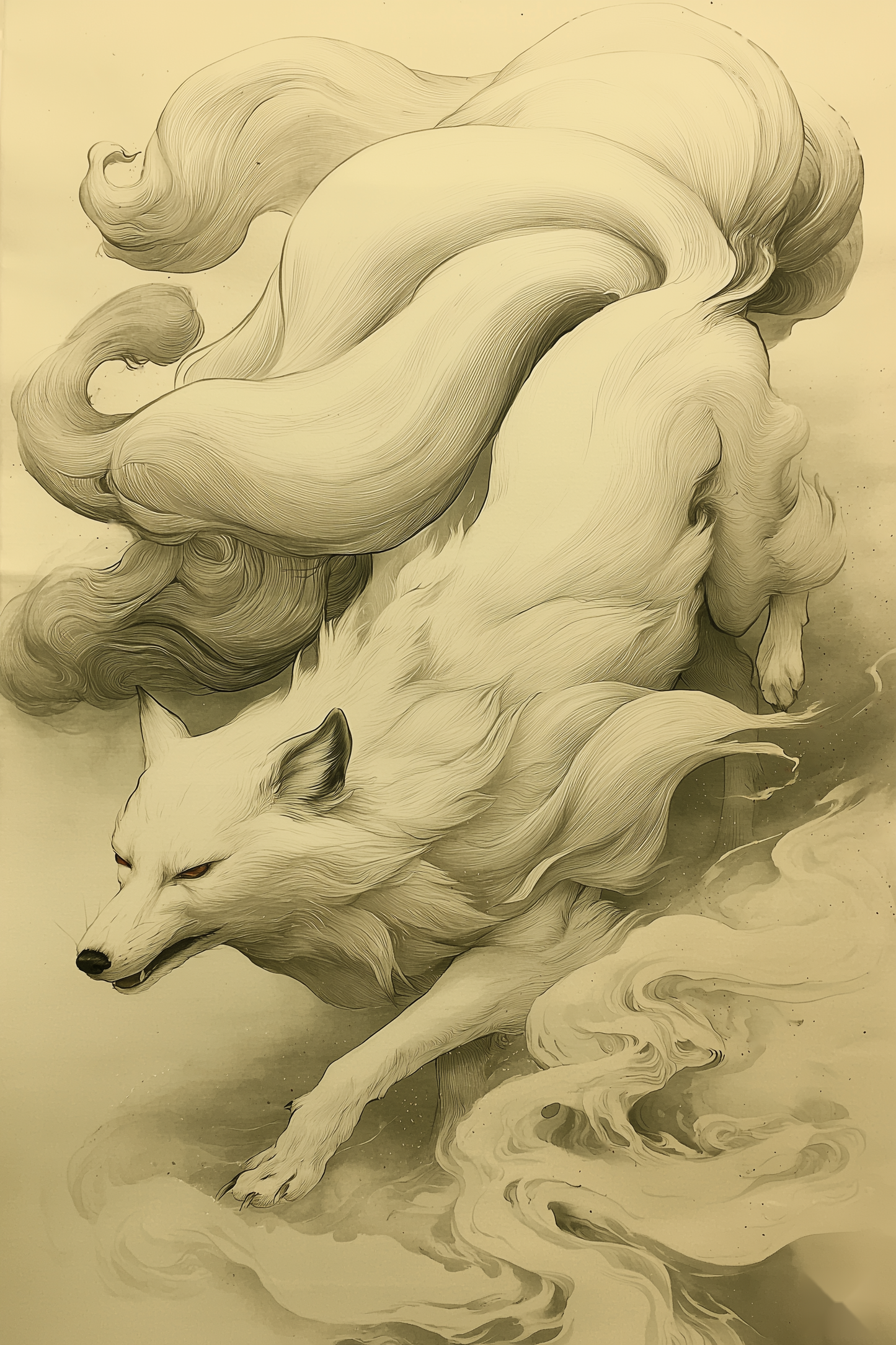 Sumi-e style ink print of a white nine-tailed fox prowling downward through mist, nine tails streaming behind, black ink on cream, Yugen Print